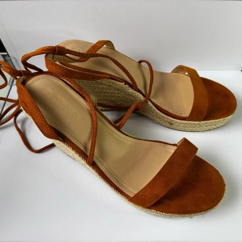 Tan Suede Strappy Espadrille Lace-Up Wedge Sandals Size 9.5